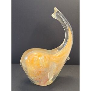 Art Glass Elephant Figurine Orange Yellow Swirl Trunk Up Murano Style Decor